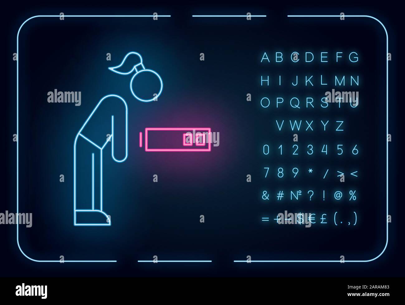 Icona della luce al neon a fatica. Ragazza stanca. Donna sovraroperata ...