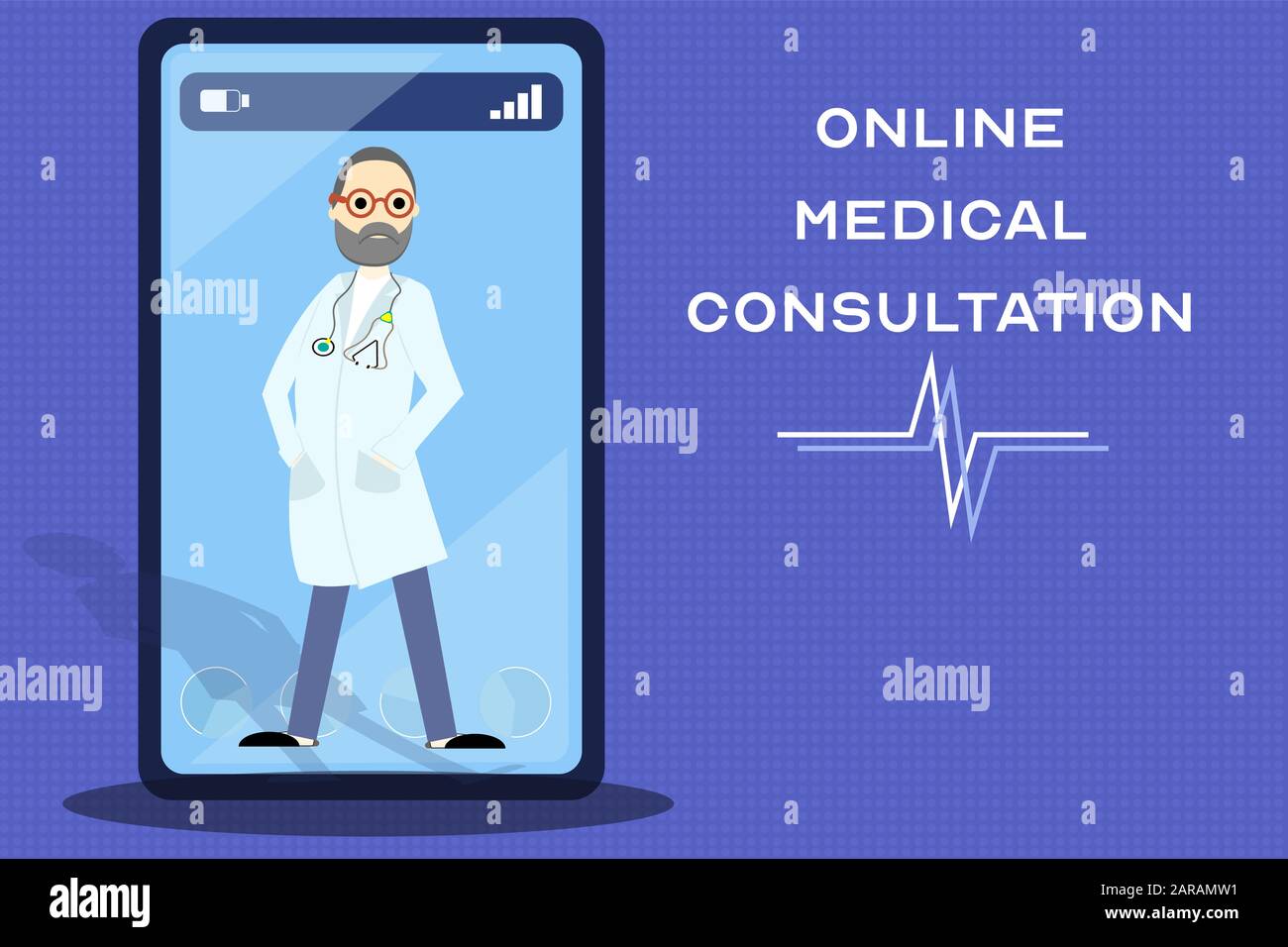 Servizio online di consulenza medica, sviluppo di applicazioni mobili. Immagine di un medico sullo schermo dello smartphone con spazio di copia Illustrazione Vettoriale