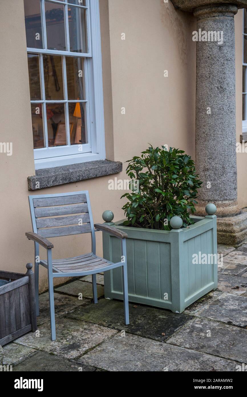 sedia e albero di baia in vaso fuori casa di campagna Foto Stock