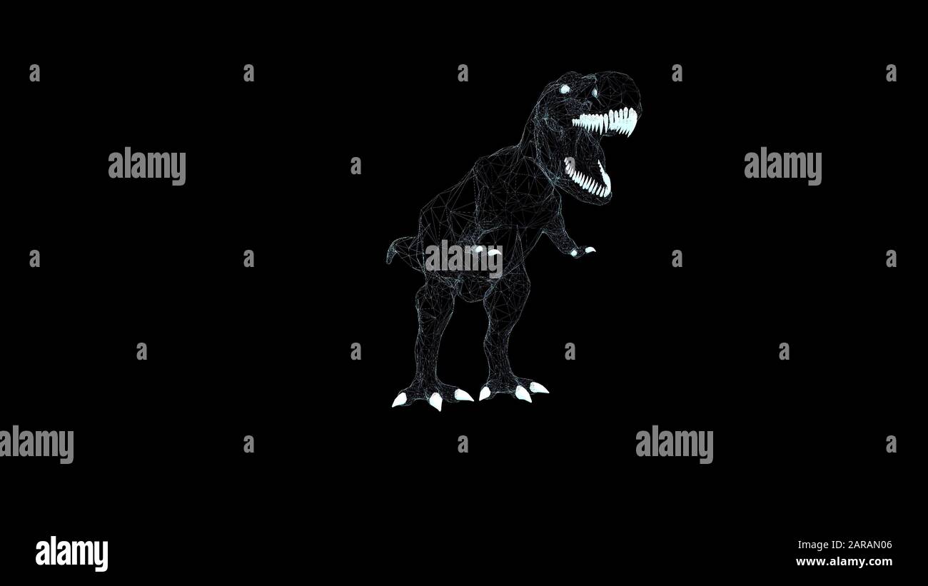 Dinosauro Trex ologramma Wireframe. Bel rendering 3D su sfondo nero Foto Stock