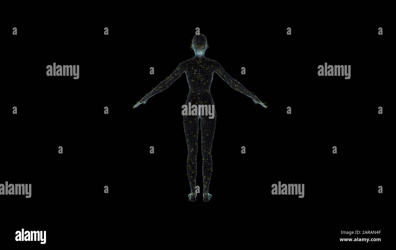 Struttura a reticolo dell'ologramma del corpo umano. Bel rendering 3D su sfondo nero Foto Stock