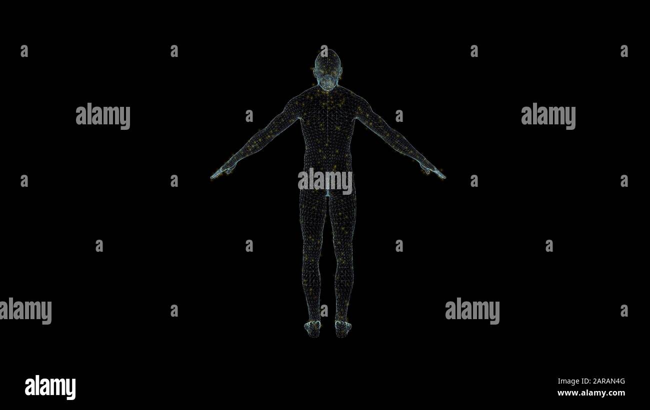 Struttura a reticolo dell'ologramma del corpo umano. Bel rendering 3D su sfondo nero Foto Stock