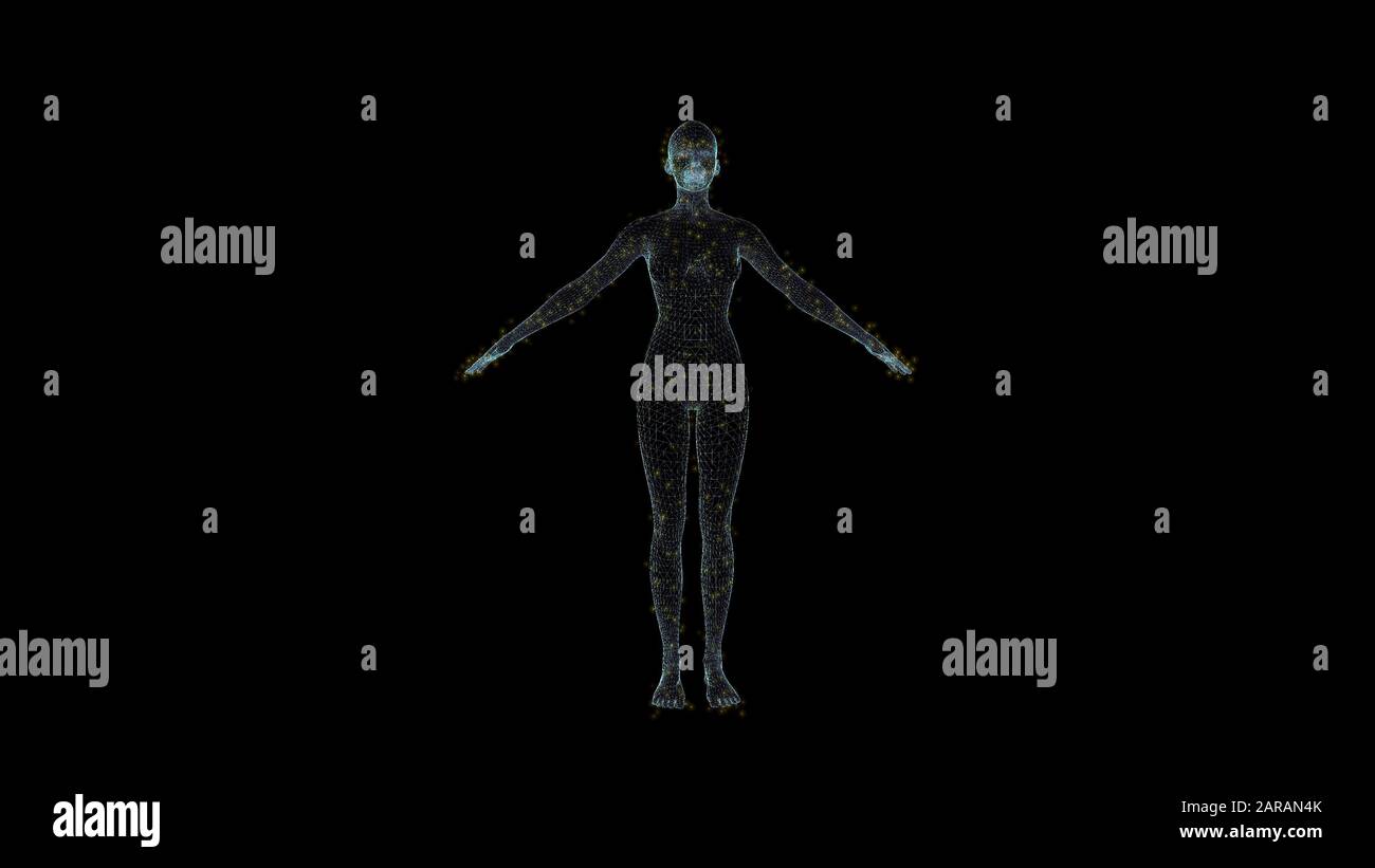 Struttura a reticolo dell'ologramma del corpo umano. Bel rendering 3D su sfondo nero Foto Stock