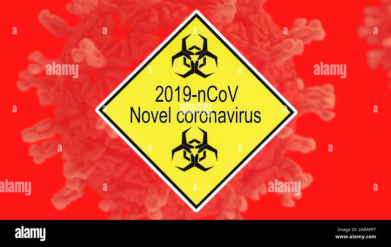 Wuhan Coronavirus COVID-19 2019-nIl concetto di focolaio mondiale di Wuhan con titolo e cartello di pericolo con logo di rischio biologico prima della rappresentazione di cellule virali Per Il Nuovo virus. Foto Stock