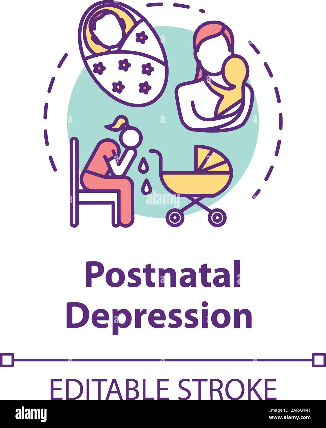 Icona del concetto di depressione postnatale. Depressione post-partum. PPD. Giovane madre stressata. Illustrazione della linea sottile dell'idea di disturbo dell'umore. Outli isolati da vettori Illustrazione Vettoriale