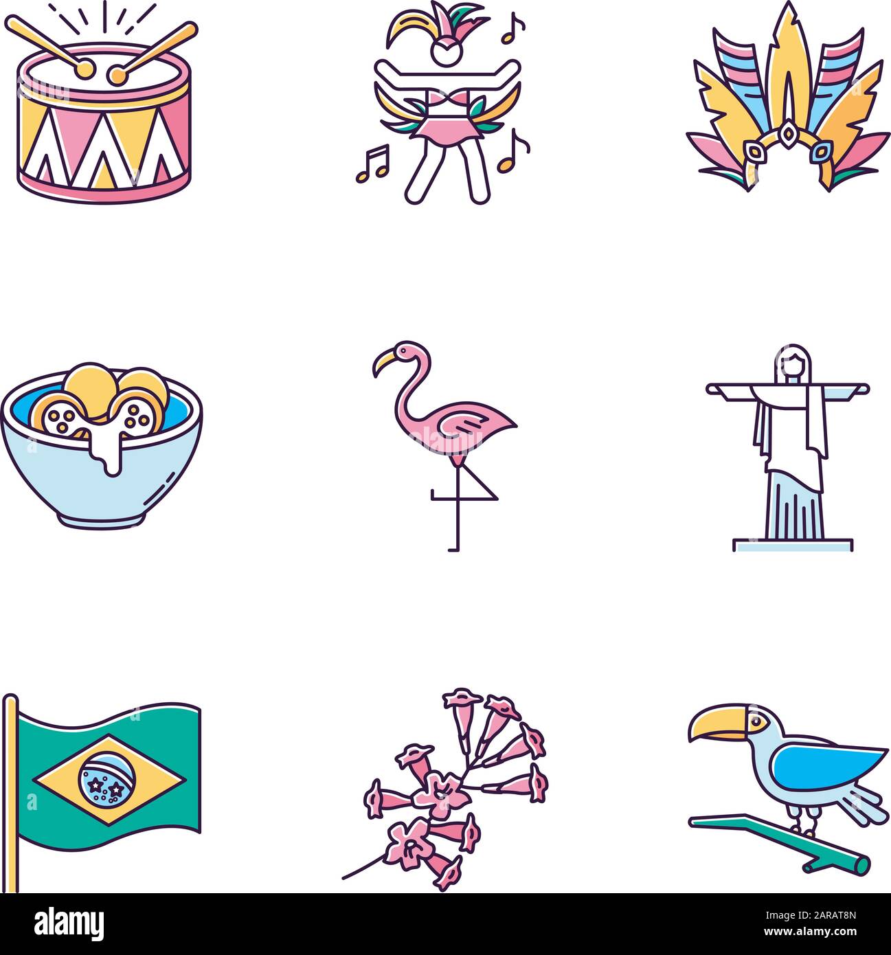 Impostazioni icone colore RGB rosa cultura brasiliana. Mascherata tradizionale. Flamingo. Statua di Gesù. Cappello di Carnevale. Samba. Uccelli esotici. Festa etnica. Nazione Illustrazione Vettoriale