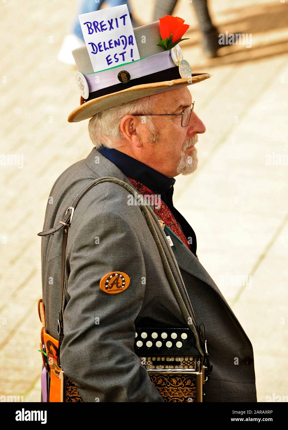 Il fisarmonicista del festival di danza Morris in profilo indossa un cappello con il messaggio Brexit delenda est Foto Stock