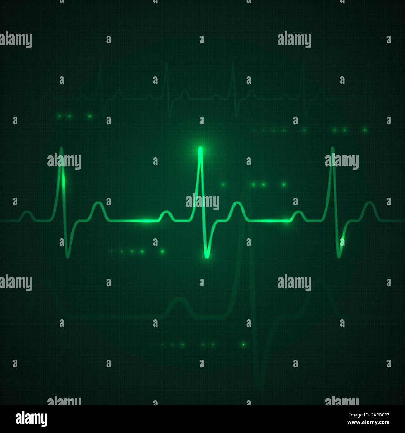 Impulso cardiaco sul display verde. Grafico del battito cardiaco o cardiogramma. Monitoraggio ospedaliero della frequenza di stress. Vettore Illustrazione Vettoriale