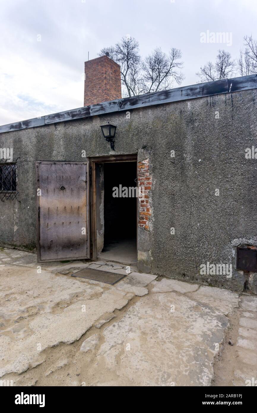 La camera di gas al campo di concentramento di Auschwitz, Oświęcim, Polonia Foto Stock