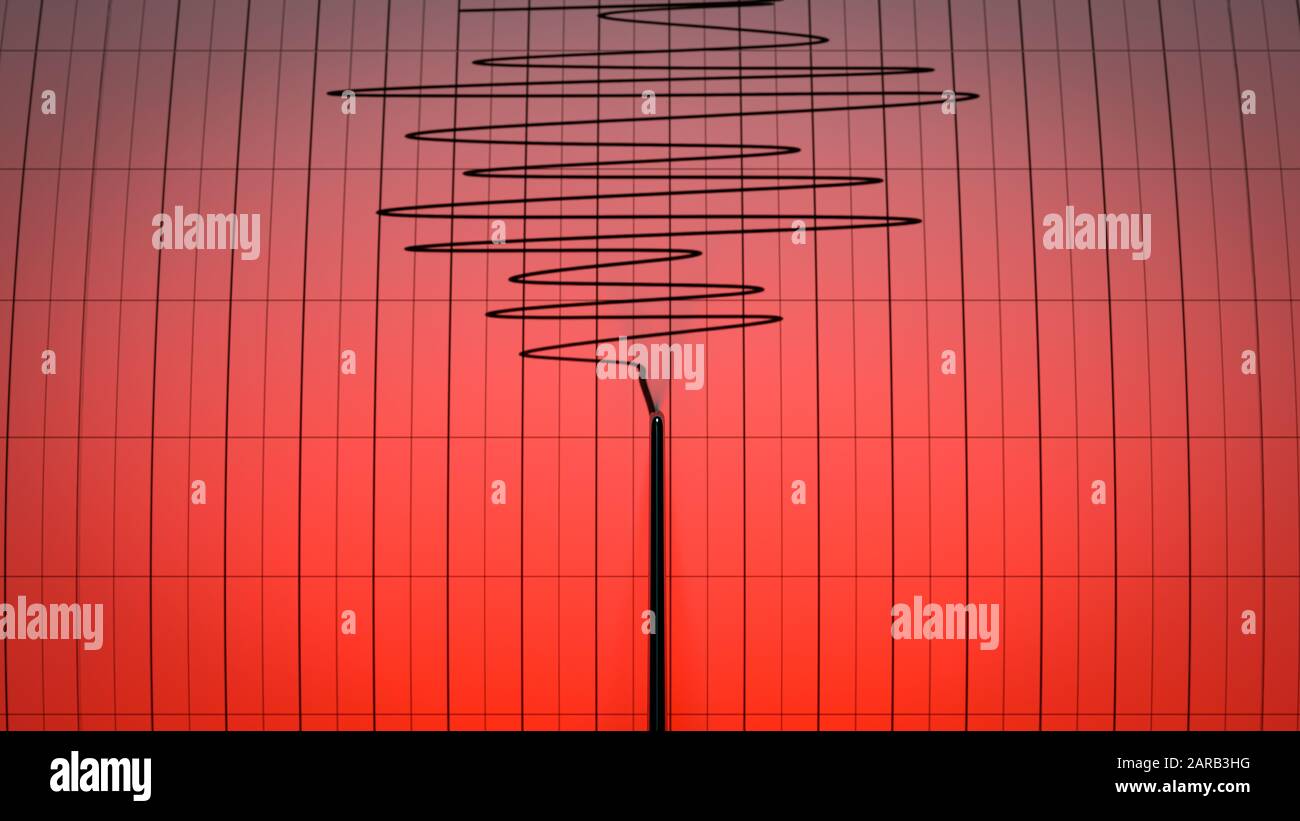 Allarme rosso un closeup di un ago sismografico che disegna un grafico che raffigura attività sismica e terremoti - 3D Render Foto Stock