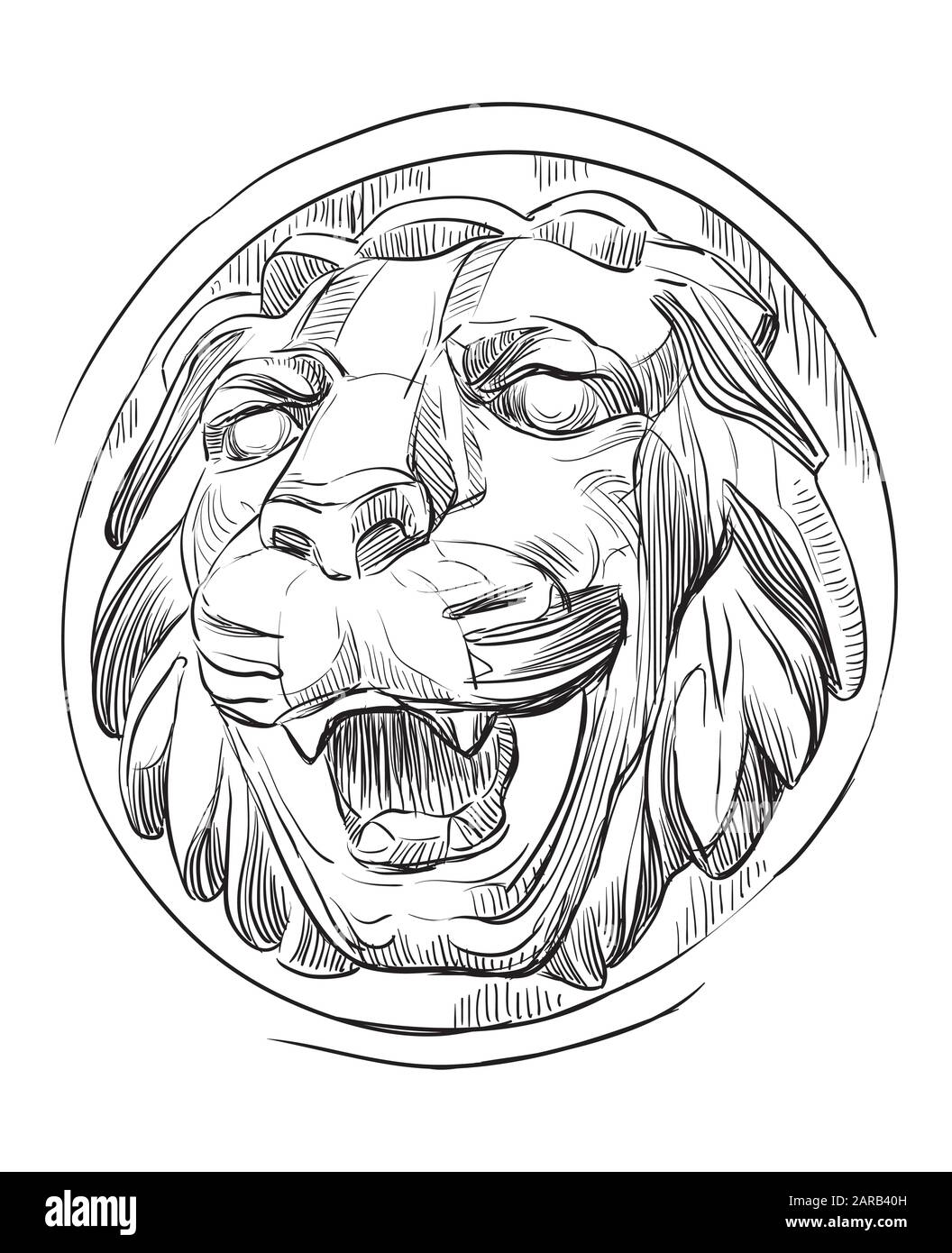 Antico bassorilievo in pietra a forma di testa di leone a bocca aperta, disegno vettoriale a mano in colore nero isolato su sfondo bianco Illustrazione Vettoriale