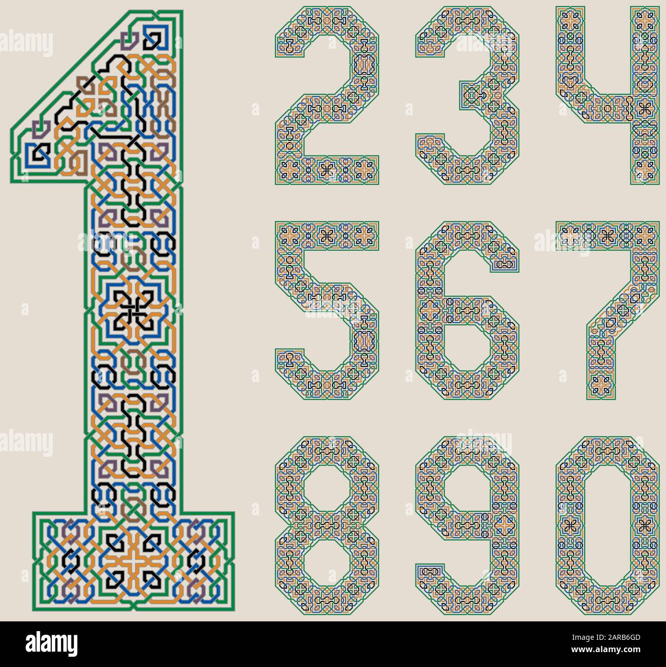 Variopinto insieme di numeri Vector in stile palazzo dell'Alhambra. Decorazioni geometriche moresche. Illustrazione Vettoriale