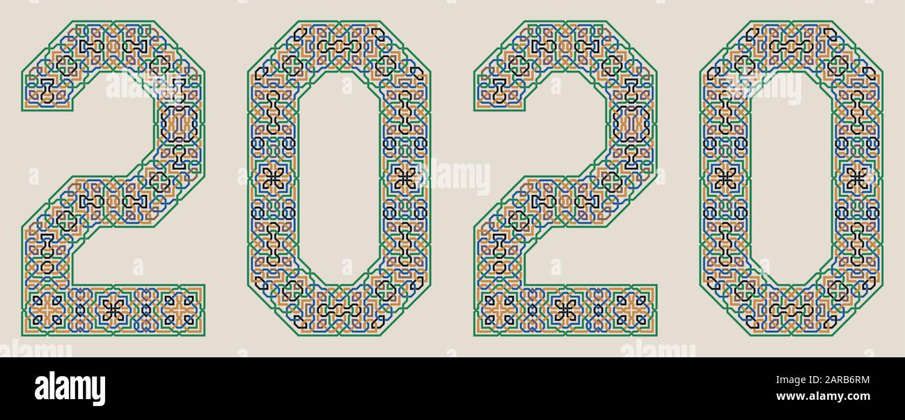 Colorato Vector 2020 anno segno nel Palazzo Di stile Alhambra. Decorazioni geometriche moresche. Illustrazione Vettoriale
