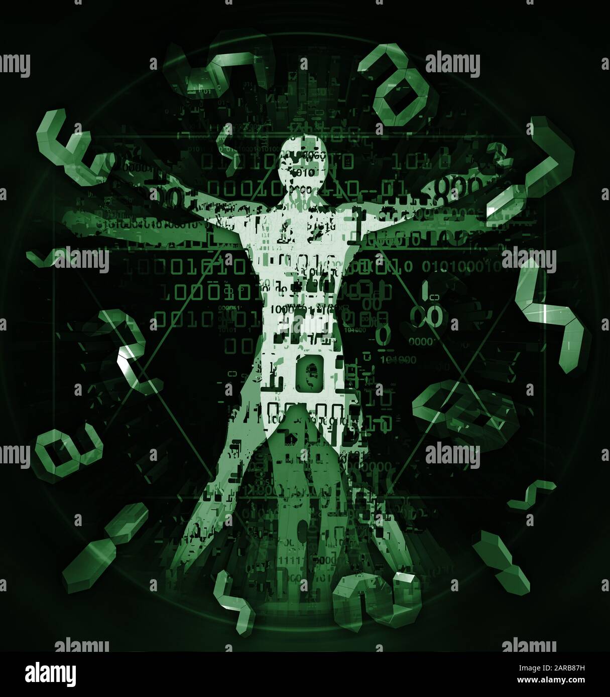Vitruvian uomo di età digitale, con numeri digitali 3d. Illustrazione di un uomo vitruviano con codici binari simbolizzati l'età digitale su sfondo verde. Foto Stock