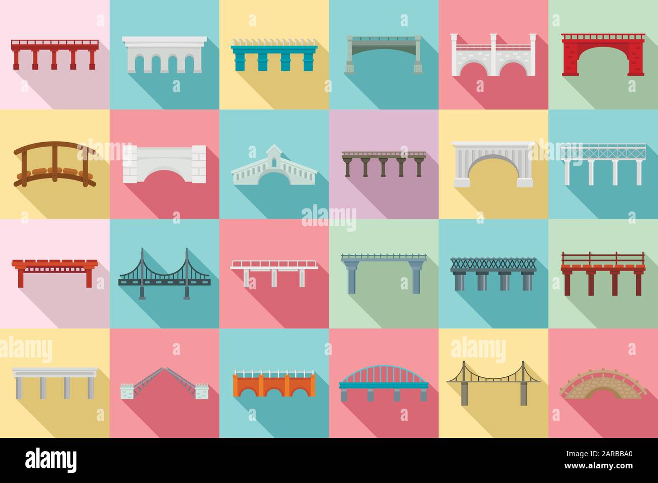 Icone ponti impostate. Serie piatta di icone vettoriali per ponti per la progettazione del Web Illustrazione Vettoriale