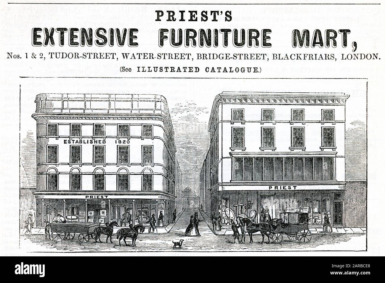 Pubblicità per i negozi di mobili di Priest, Londra 1851 Foto Stock
