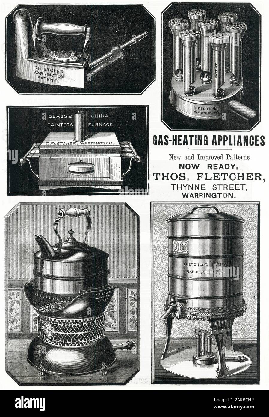 Pubblicità per apparecchi di riscaldamento a gas Thomas Fletcher 1889 Foto Stock