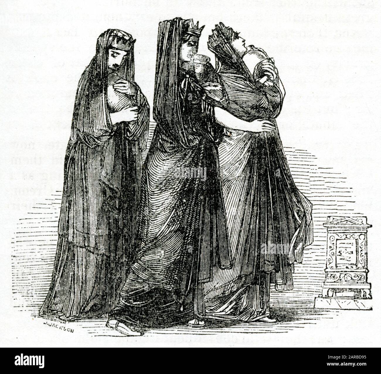 Chaucer, The Canterbury Tales -- Il Racconto Del Cavaliere. Le tre regine vestite di nero, trattenute in Tebe, che implorano il duca Teseo di Atene per il suo aiuto. Stanno portando le ceneri dei loro mariti morti. Data: 1845 Foto Stock