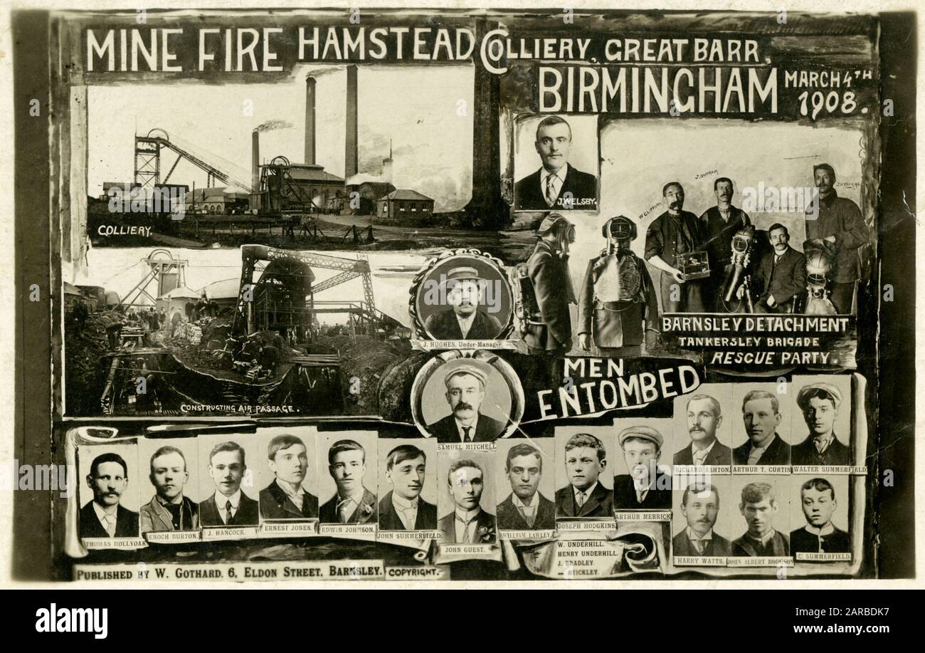 Fuoco di mine all'Hamstead Colliery, Great Barr, Birmingham il 4 marzo 1908. Il Barnsley Detachment Tankersley Brigade Rescue Party (completo di respiratore e canarino in gabbia per fungere da avvertimento di gas velenosi), il Colliery, la costruzione di un passaggio aereo e gli uomini sepolti sono tutti raffigurati in questa straordinaria cartolina multi-immagine che commemora il disastro e le vittime. Foto Stock