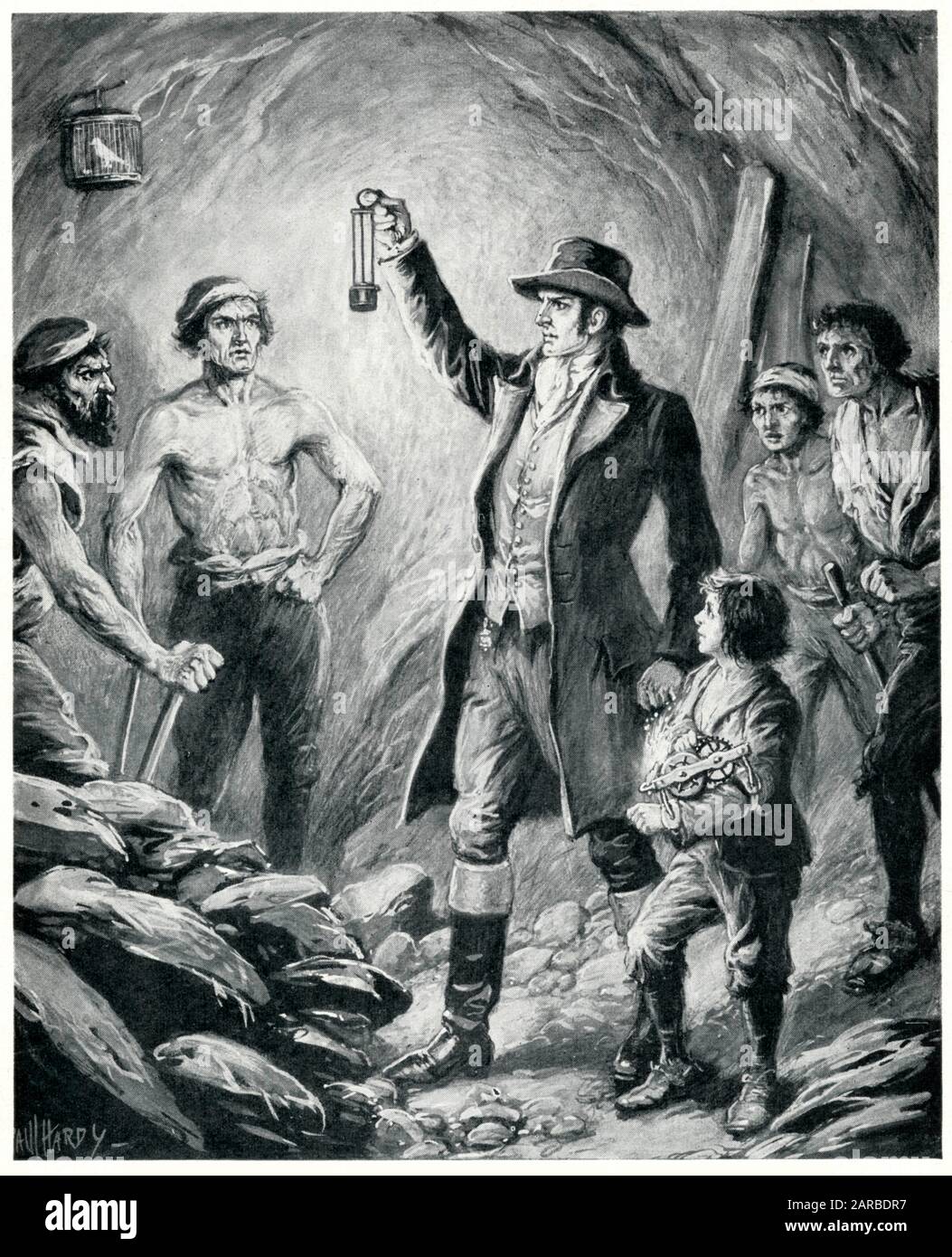 Sir Humphry Davy in una miniera con la sua lampada di sicurezza. Data: 1815  circa Foto stock - Alamy