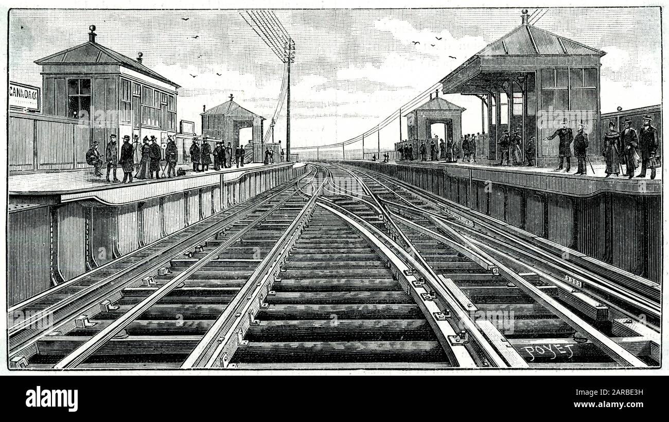 Una stazione (probabilmente Canada Dock) sulla linea ferroviaria elettrica sopraelevata che attraversa Liverpool Docks, nell'anno dell'apertura del servizio. La linea era lunga sette miglia. Foto Stock