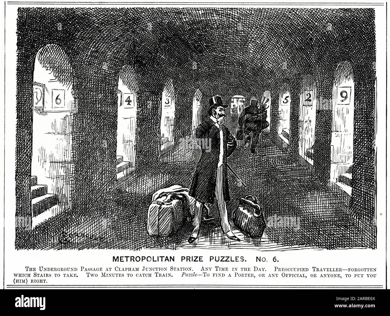 Cartoni animati, puzzle del Metropolitan Prize n. 6, passaggio sotterraneo presso Clapham Junction Station, SW London - un passeggero non può ricordare quali scale prendere e ha solo due minuti prima che il suo treno partisca. Qual era la piattaforma numero ... ? Foto Stock