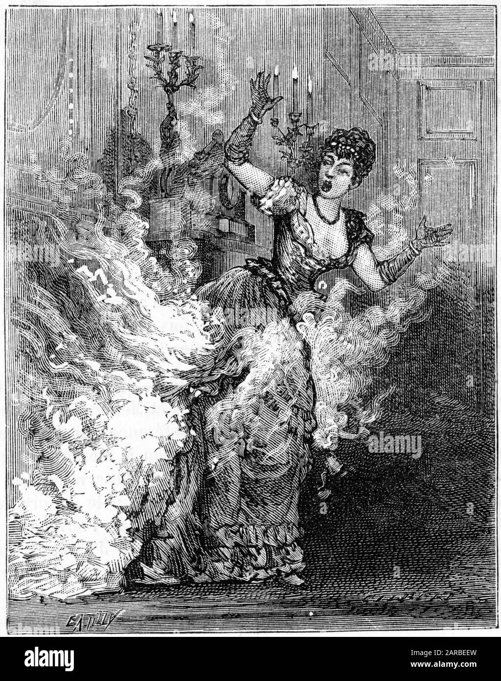 Figura 1 di 2. Terribile incidente - Signora si è assillata, il suo vestito ha preso fuoco e lei è ingulfata dall'Inferno. Questa illustrazione mostra che se uno è in posizione verticale e che le fiamme si accerchiano rapidamente e avvolgono la vittima. Data: 1886 Foto Stock