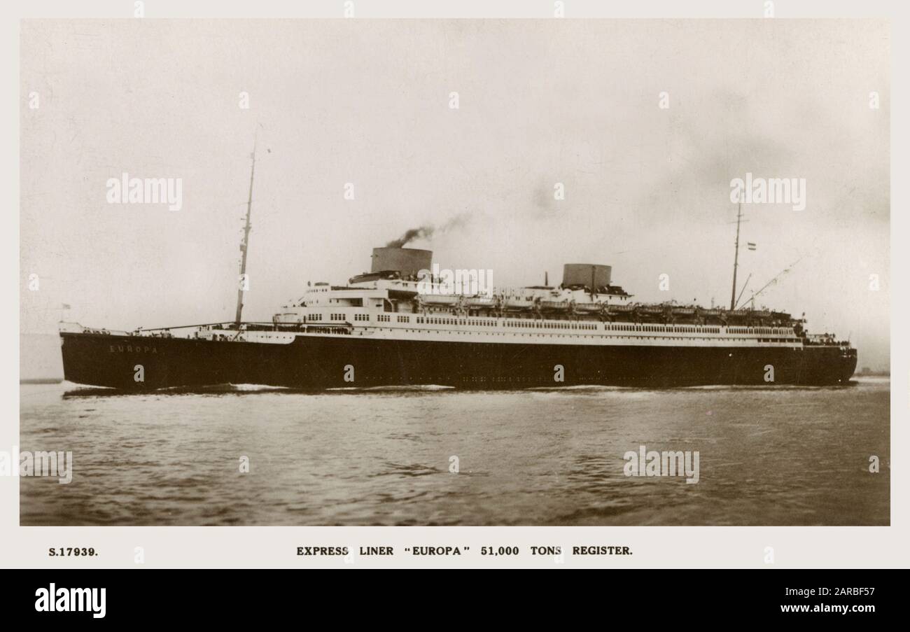 La SS Europa of Norddeutscher Lloyd (NDL) (Lloyd tedesco del Nord) era una compagnia di navigazione tedesca. La SS Europa (in seguito SS Liberte) e la sua gemella, Brema, erano le due navi oceaniche più avanzate e ad alta velocità del loro tempo, entrambe guadagnavano il Blue Riband. Foto Stock