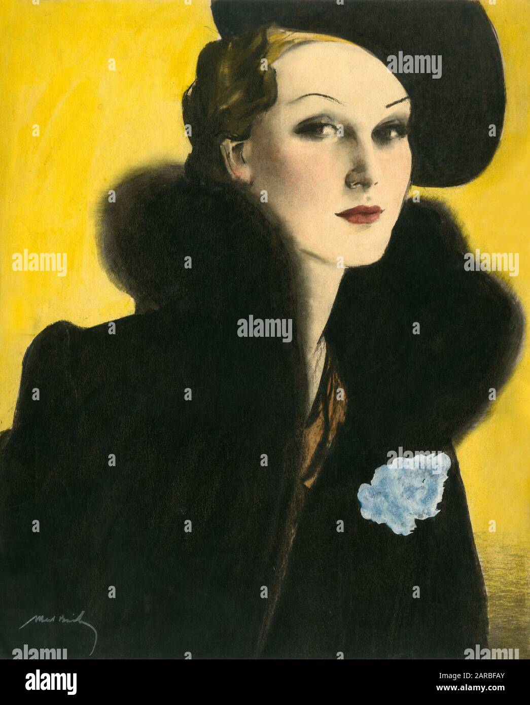 Abito donna glamour nero su sfondo giallo. Illustrazione di Albert Bailey. Foto Stock