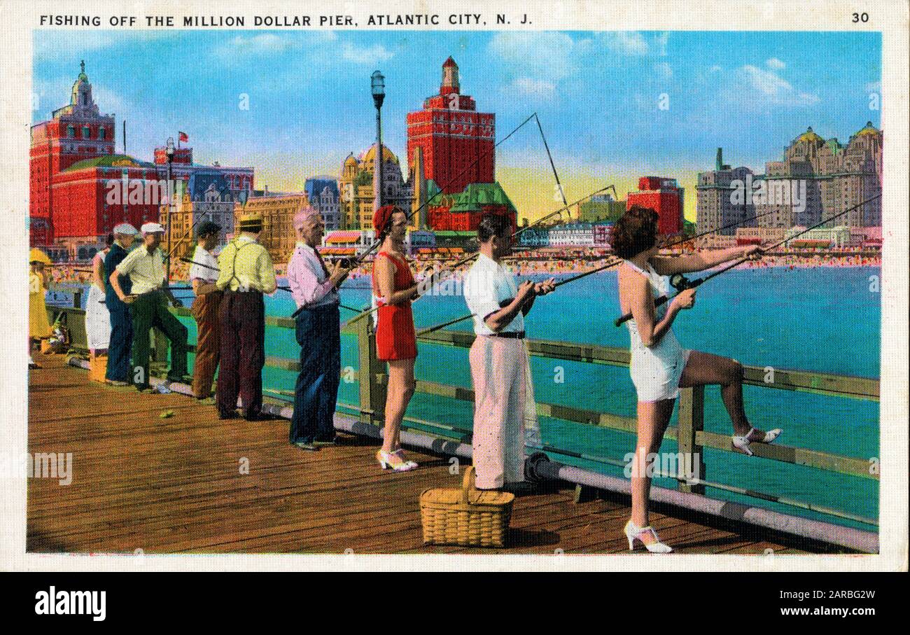 Pesca al largo del Million Dollar Pier, Atlantic City, NJ, USA Foto Stock