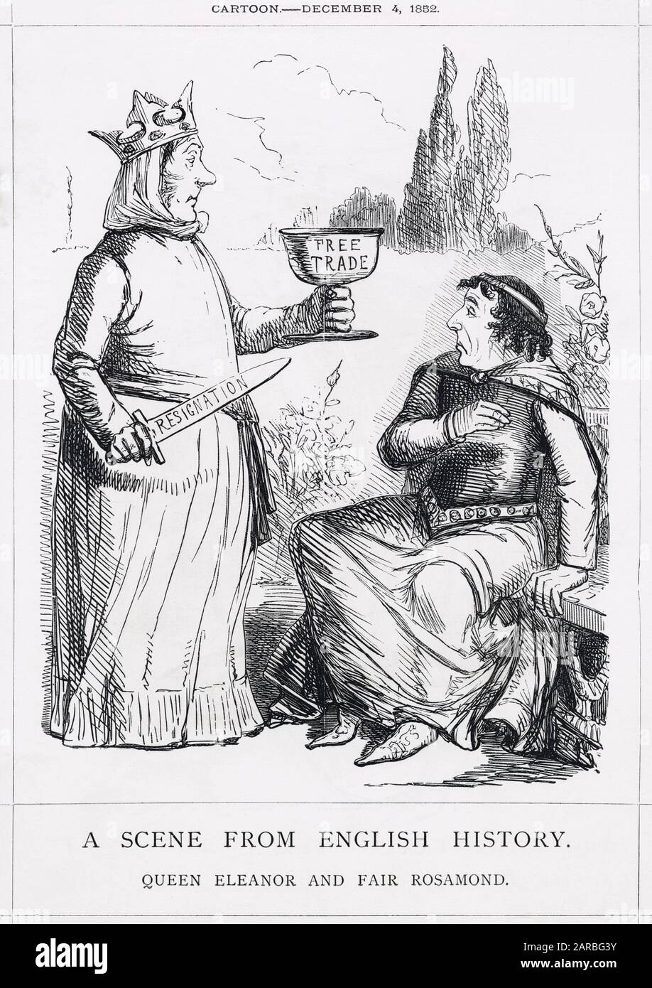 Cartoon, A Scene from English History, Queen Eleanor e Fair Rosamond. Un commento satirico su Benjamin Disraeli costretto a scegliere il libero scambio al protezionismo (e le dimissioni) da Richard Cobden e dal partito di libero scambio, che ha la maggioranza nel nuovo parlamento. La regina Eleonora d'Aquitania era la moglie del re Enrico II, e Fair Rosamond era la sua amante. Secondo la leggenda, la regina costrinse Rosamond a scegliere se morire con la spada o con il veleno, e Rosamond scelse quest'ultimo. L'implicazione è che il libero scambio è veleno per Disraeli, ma lui lo preferisce piuttosto che rassegnare le dimissioni. Foto Stock