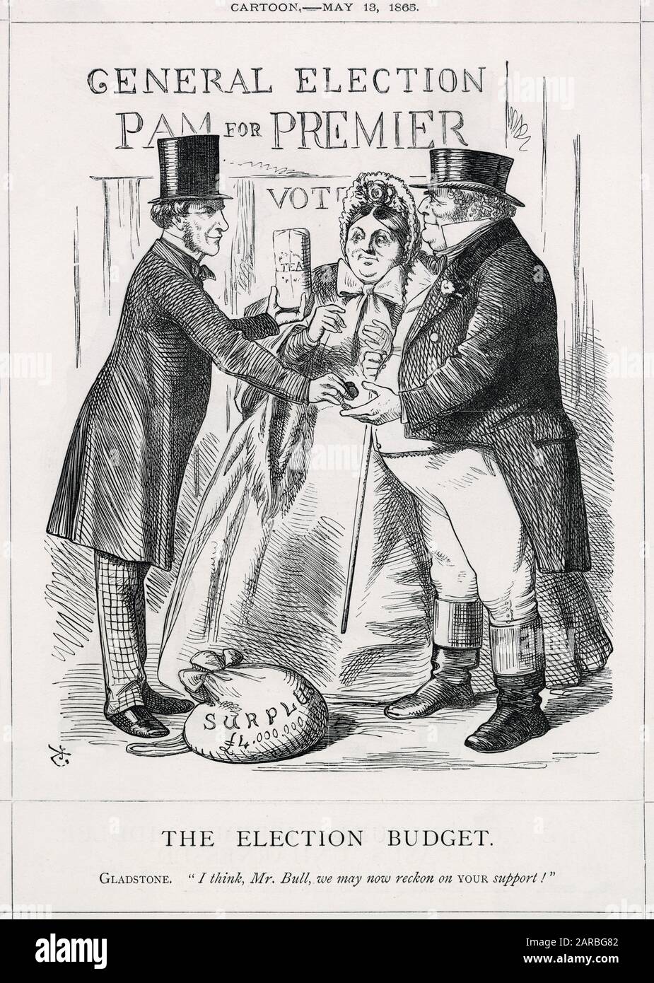 Cartone animato, il bilancio elettorale -- credo, signor Bull, ora possiamo contare sul vostro sostegno! William Gladstone fu in grado di aumentare la popolarità del partito liberale raggiungendo un surplus finanziario attraverso il suo budget, riducendo allo stesso tempo le imposte sul reddito. Foto Stock