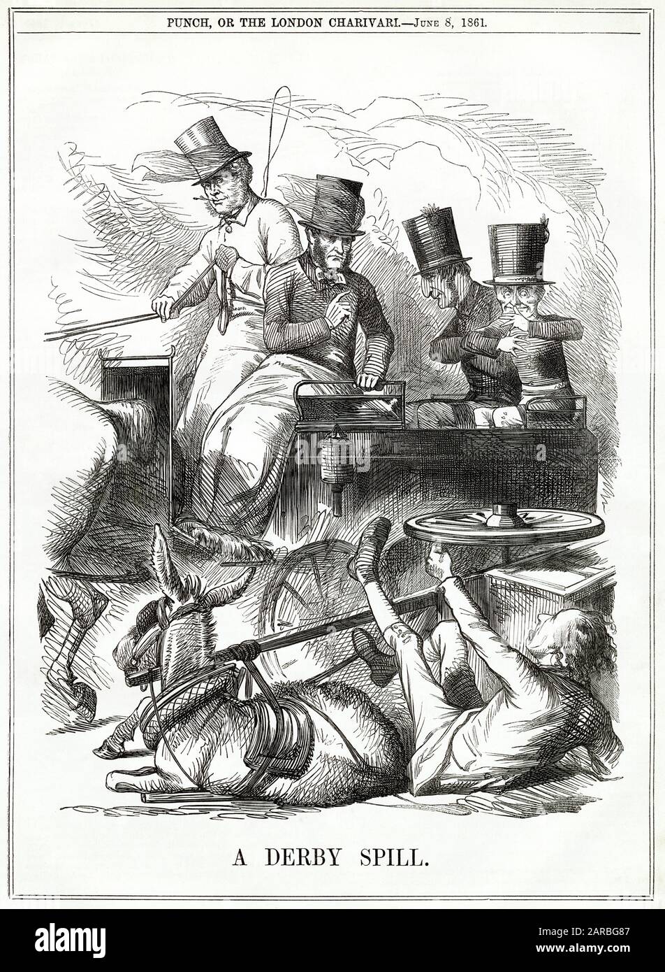 Cartoon, A Derby spill -- un commento satirico sull'attacco di Benjamin Disraeli al governo di Palmerston durante un dibattito sul budget. Dopo il cartone animato del 1° giugno, viene mostrato qui con il suo carrello d'asino rovesciato, mentre il partito liberale si muove con la sua carrozza aperta trainata da cavalli. Il bilancio del partito liberale è stato votato con una piccola maggioranza, dopo un lungo dibattito. Foto Stock