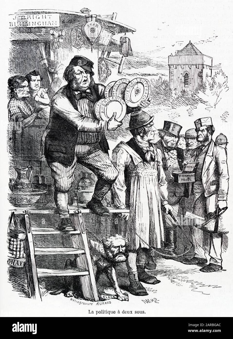 Cartoon, Twopenny Politics -- un commento satirico sulla riforma elettorale, come promosso dai politici liberali John Bright e William Gladstone. Lord John Russell appare come una zingara, e Edmond Beales, un riformatore radicale e presidente della Reform League, come un cane disgustoso. John Bull e gli operai dall'aspetto rispettabile sono più indietro a destra, sembrano preoccupati o disapprovanti. Foto Stock