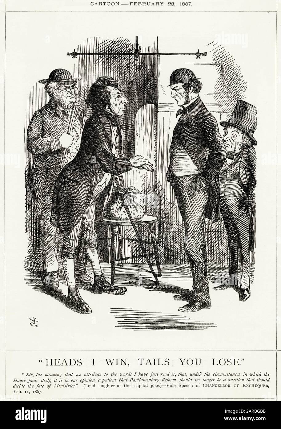 Cartoon, Heads i Win, Tails You Lose -- un commento satirico sulla rivalità tra Disraeli (a sinistra) e Gladstone (a destra) sulla questione della riforma elettorale. Sono presenti anche Lord Derby e Lord John Russell. Foto Stock