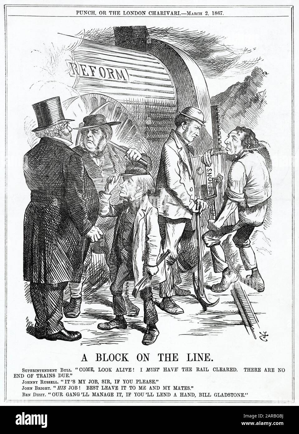 Cartoon, A Block on the Line -- un commento satirico su un ritardo nel progresso della riforma elettorale, con partiti politici rivali che si offrono di risolvere la questione. John Bull parla con John Bright e Lord John Russell, mentre Gladstone e Disraeli litigano sulle risoluzioni. Foto Stock