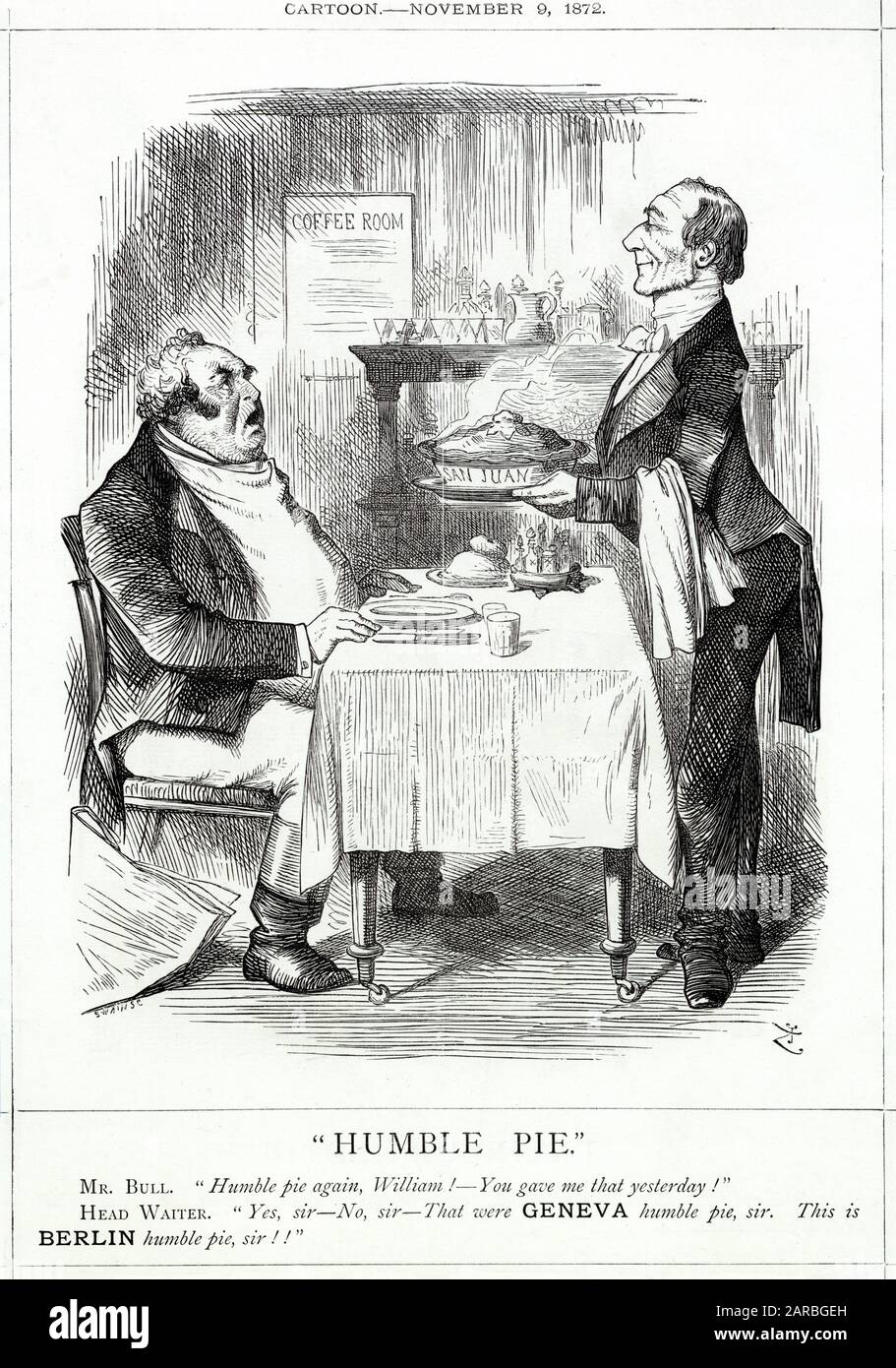 Cartoon, Humble Pie -- un commento satirico su un fallimento del governo per quanto riguarda una disputa di confine tra Regno Unito e Stati Uniti sull'isola di San Juan nel Pacifico nord-occidentale. L'imperatore tedesco aveva agito come arbitro e aveva deciso a favore della preferenza di confine americana, con grande disappunto del Canada. C'era già stato un precedente fallimento (anche se faceva parte dello stesso problema), che porta John Bull a lamentarsi con il capo cameriere Gladstone che gli viene servita una torta umile due giorni di corsa. Foto Stock