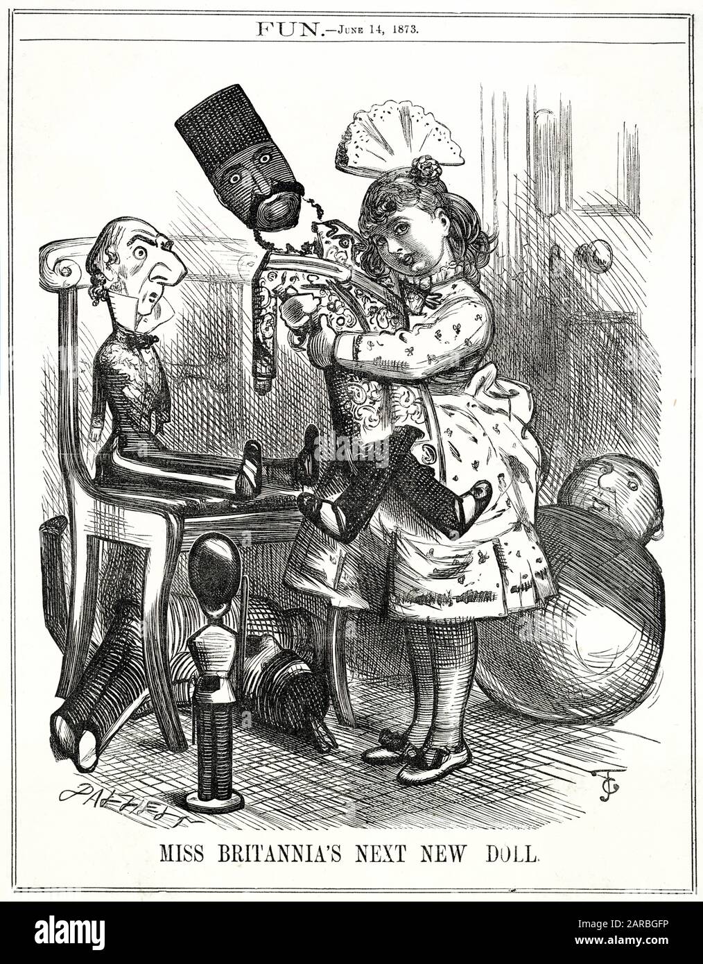 Cartoon, Miss Britannia's Next New Doll -- un commento satirico sulla popolarità dello Scià di Persia, all'epoca facendo un tour del continente europeo. Si vede che questo sta distogliendo l'attenzione da altre figure di spicco come William Gladstone, primo ministro liberale, visto qui come una bambola scartata seduta su una sedia, e il pretendente di Tichborne, che giace sul pavimento a destra. Foto Stock