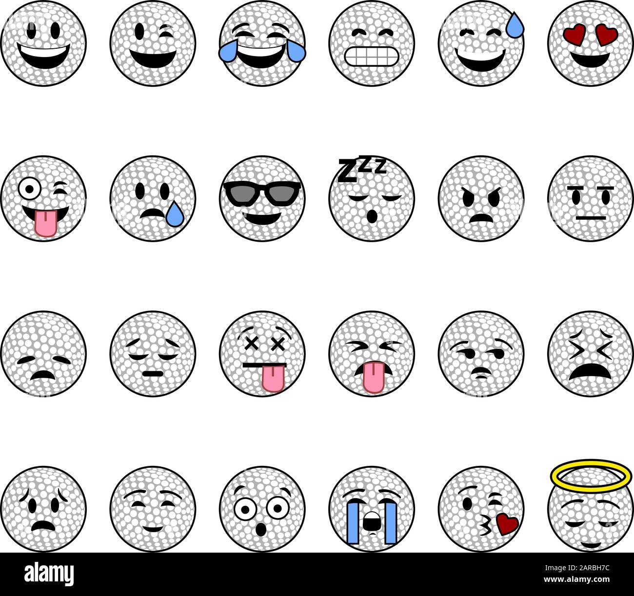 Collezione di palline da golf cartoon con volti che mostrano diverse emozioni Illustrazione Vettoriale