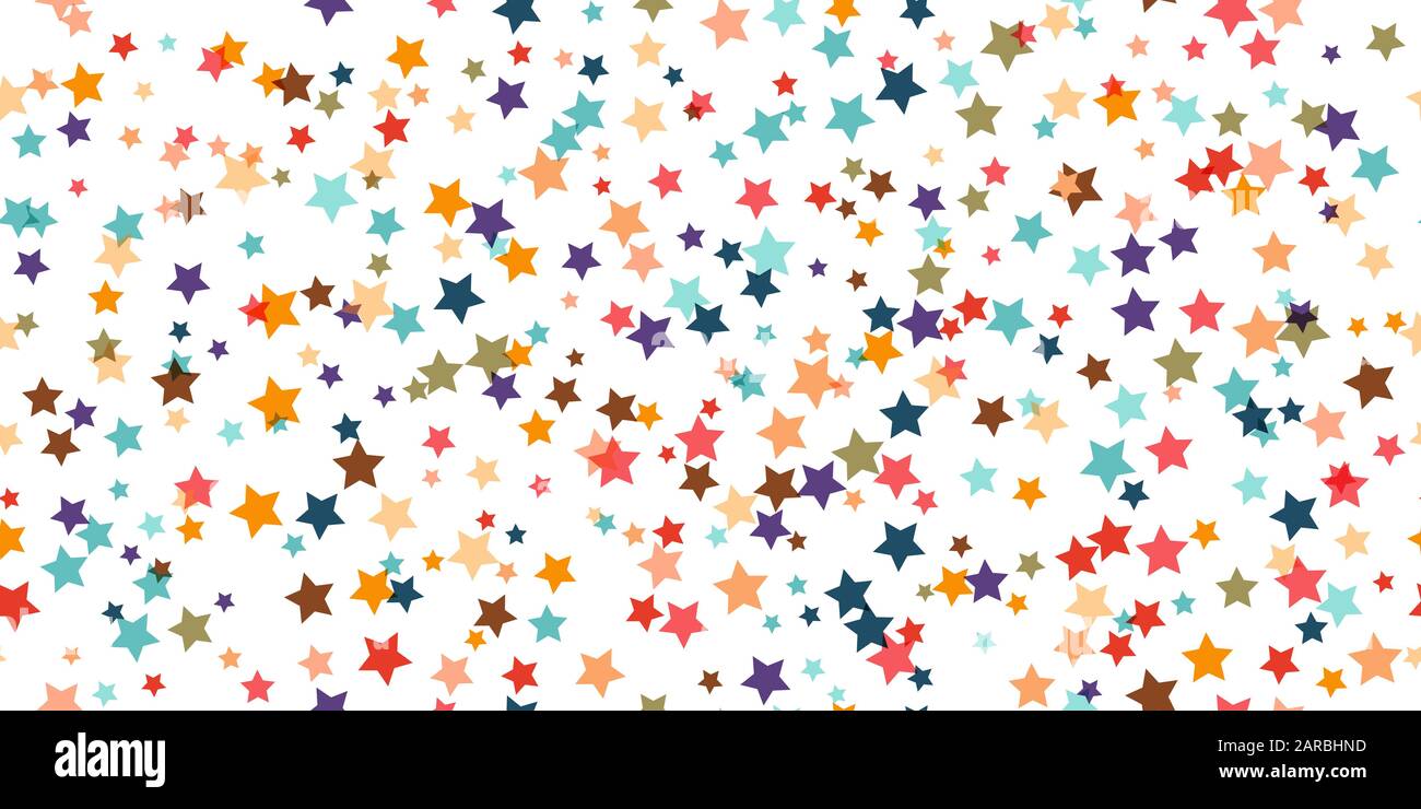 Modello di stock geometrico vettoriale senza cuciture di stelle colorate di diverse dimensioni per tessuti, imballaggi, stampa su carta, sfondi e texture semplici. Illustrazione Vettoriale