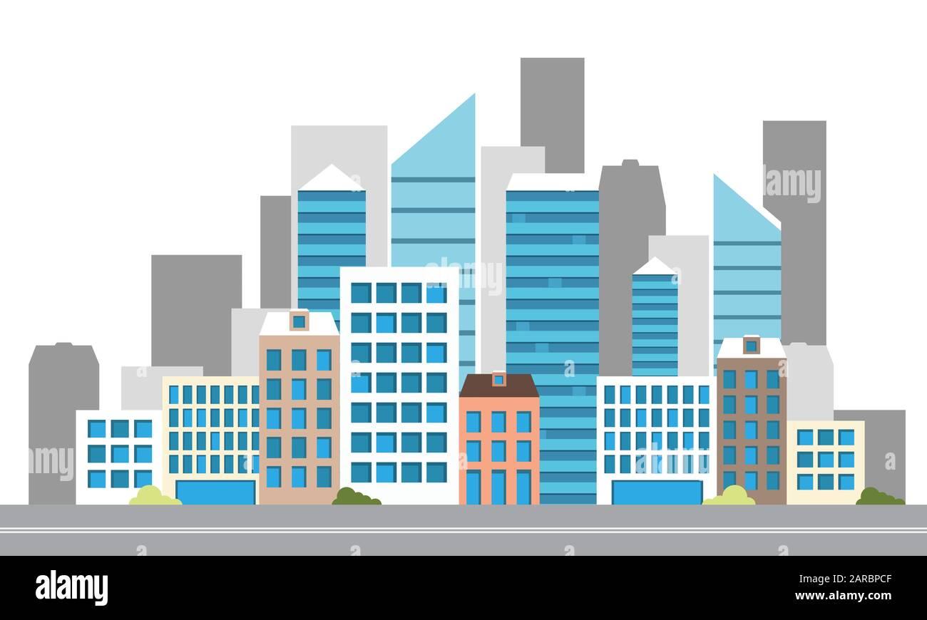 Metropoli, esterno con edifici, grattacieli. Cartoon città su sfondo bianco. Illustrazione Vettoriale