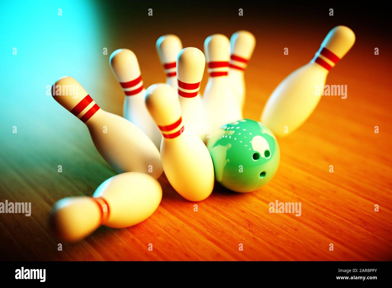 Immagine 3D Photo-realistic della scena del bowling con sfondo vivido Foto Stock