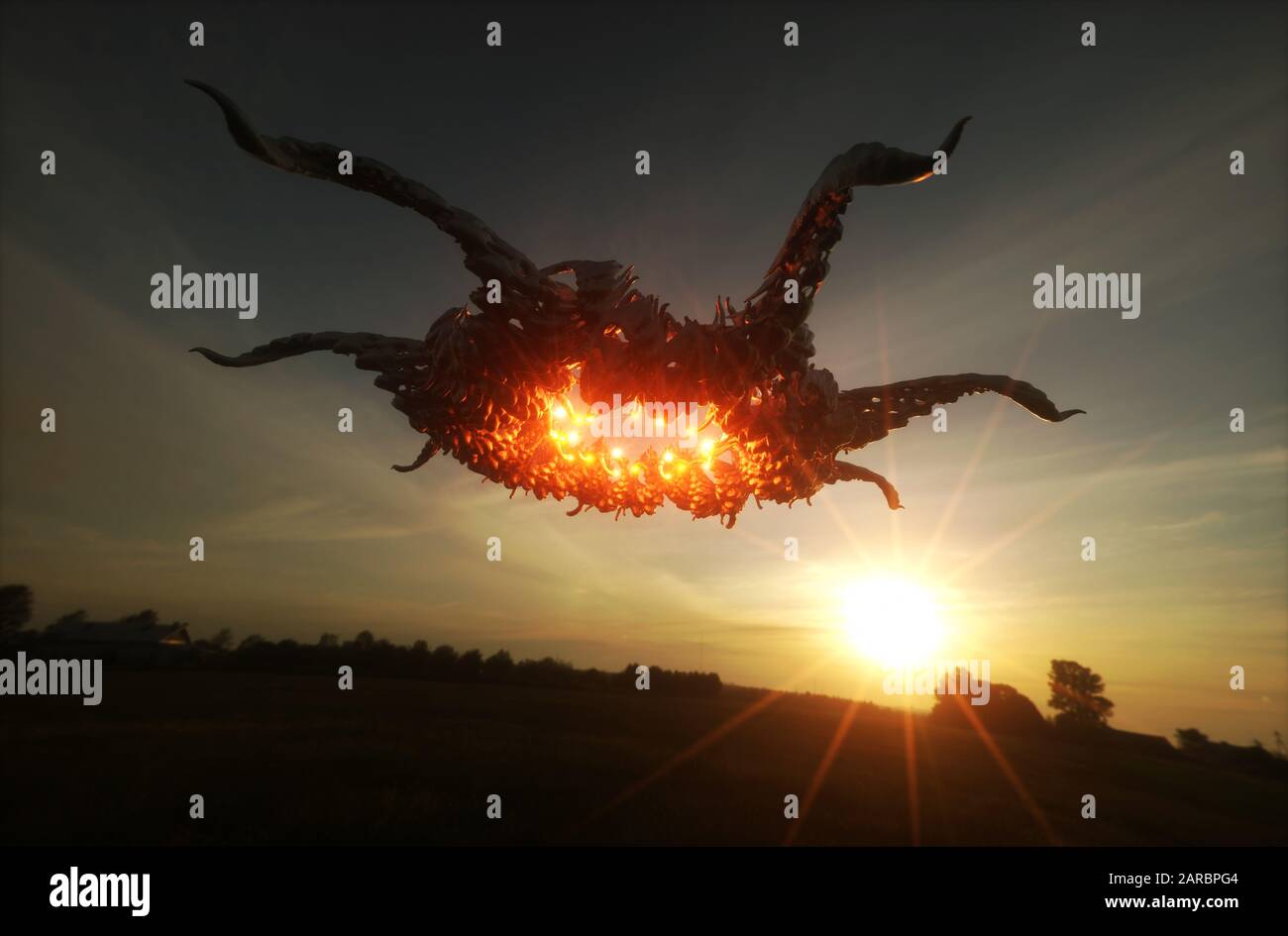 immagine di rendering 3d di ufo hovering su campo Foto Stock