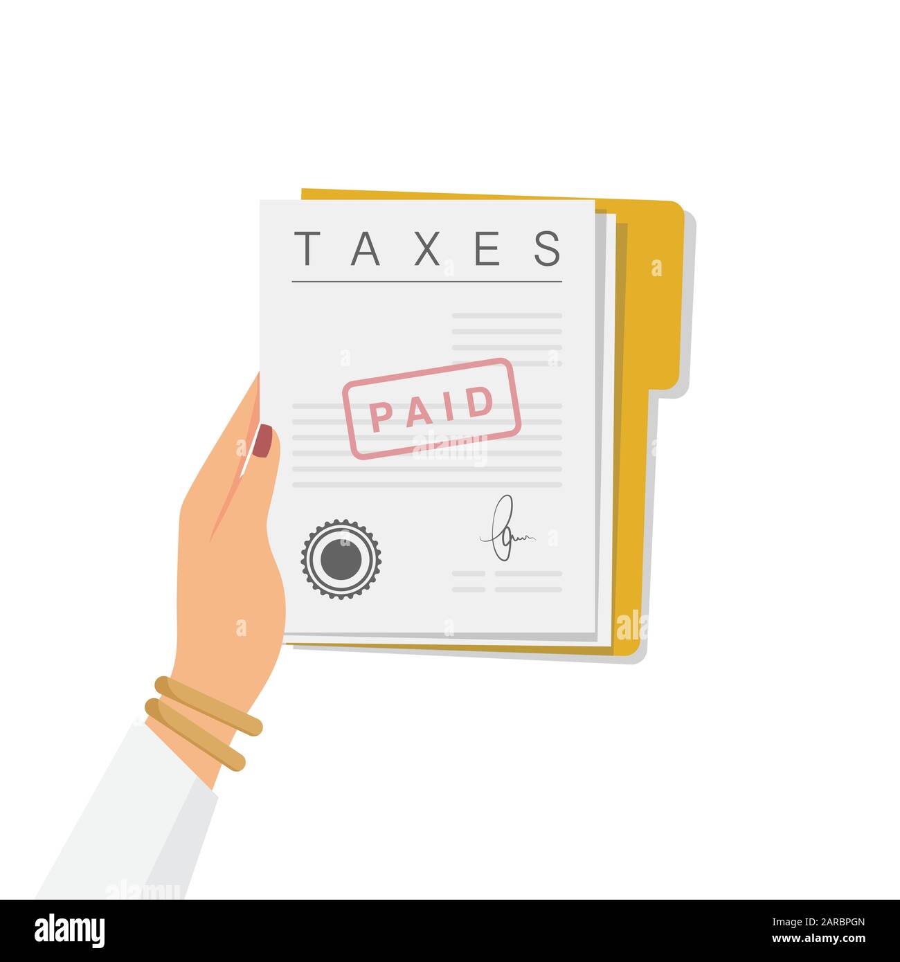 Forma di tasse nella mano della donna. Modulo delle tasse pagate. Documenti finanziari. Rappresentazione del vettore contabile Illustrazione Vettoriale