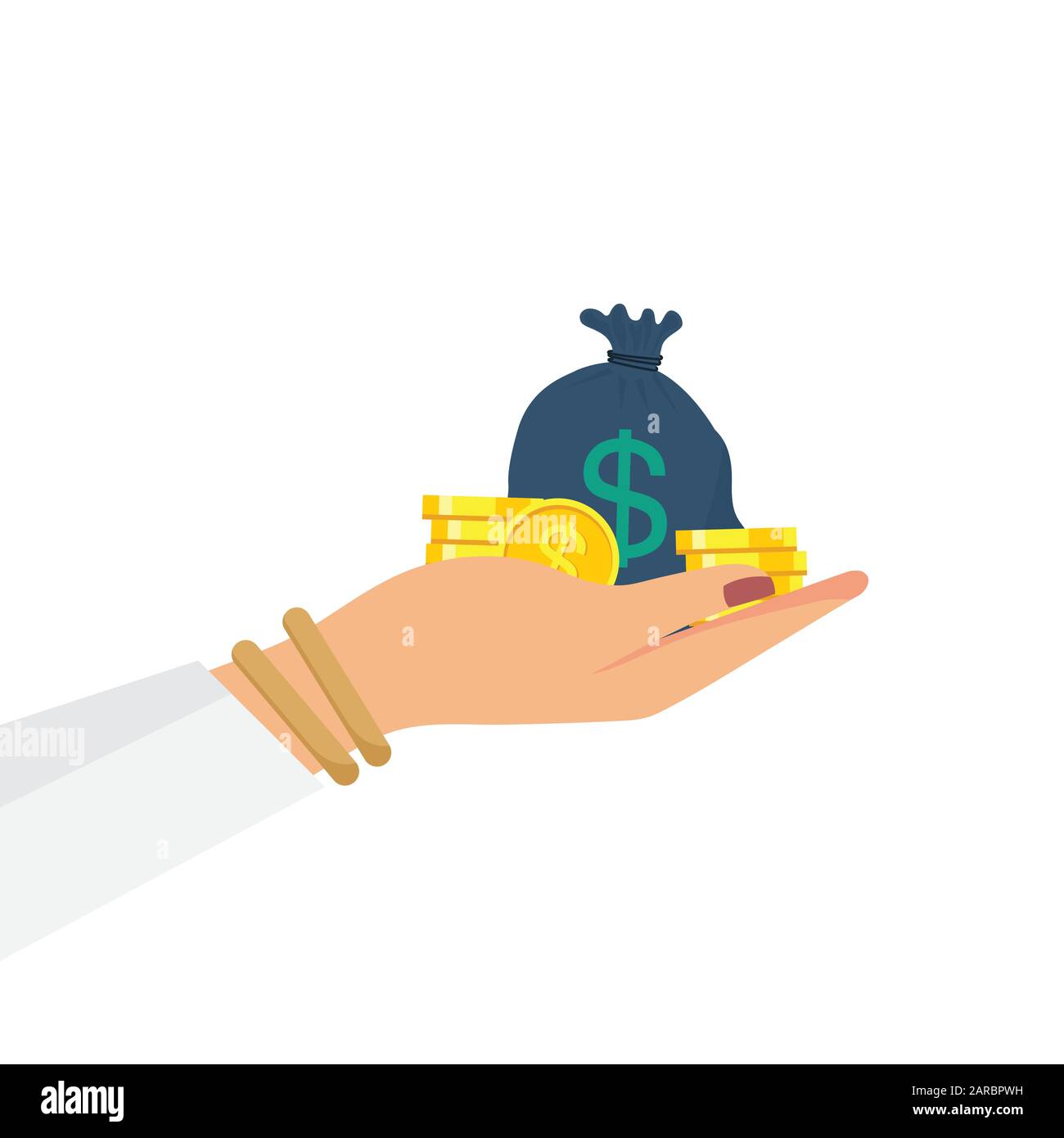 Un sacco di soldi e monete in mano donna. Investimento sicuro, assicurazione. Illustrazione del vettore Illustrazione Vettoriale