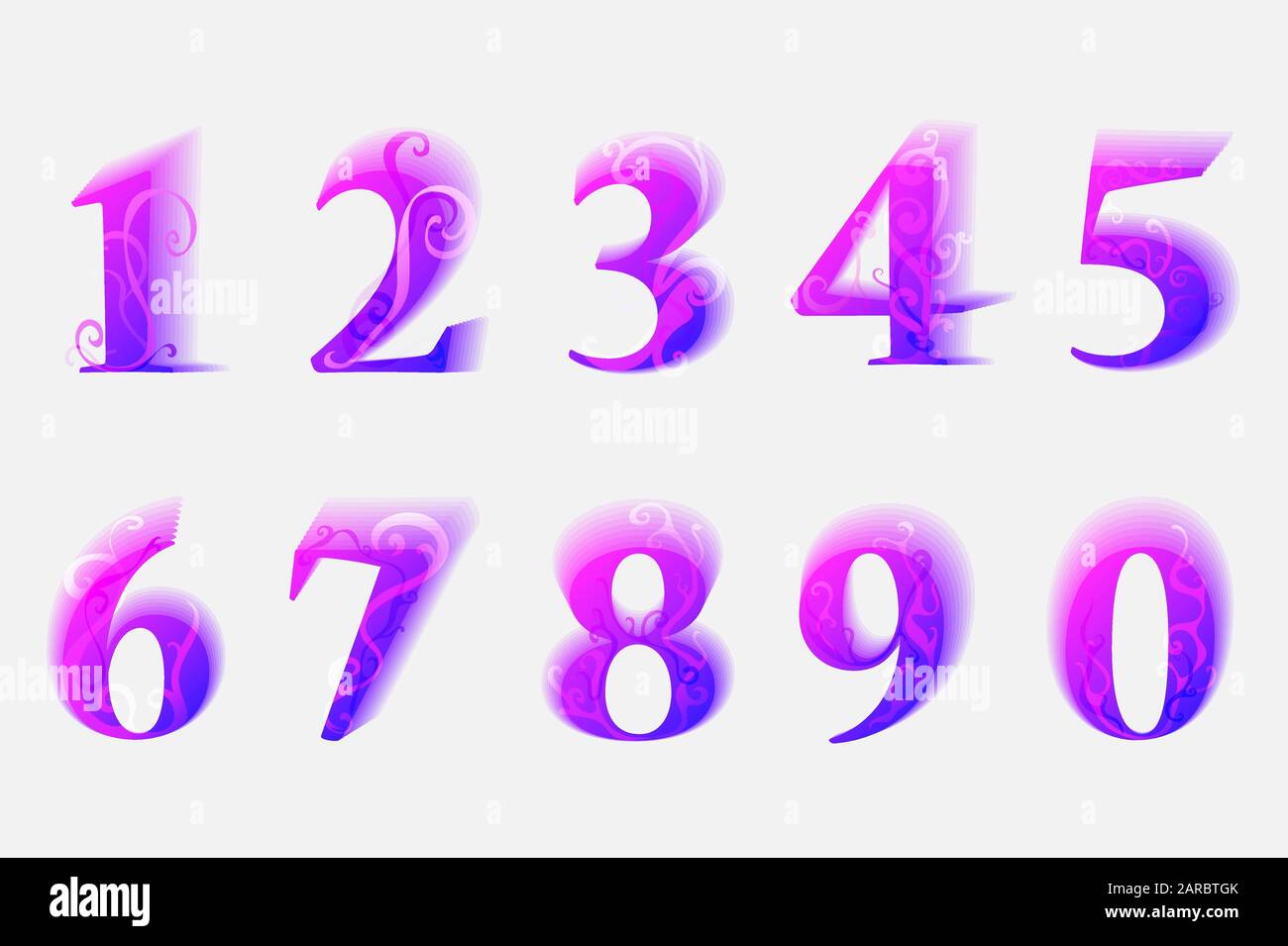 Numeri moderni colorati da 0 a 9 con ornamento primaverile. Elementi decorativi per striscioni, ecc. Illustrazione Vettoriale