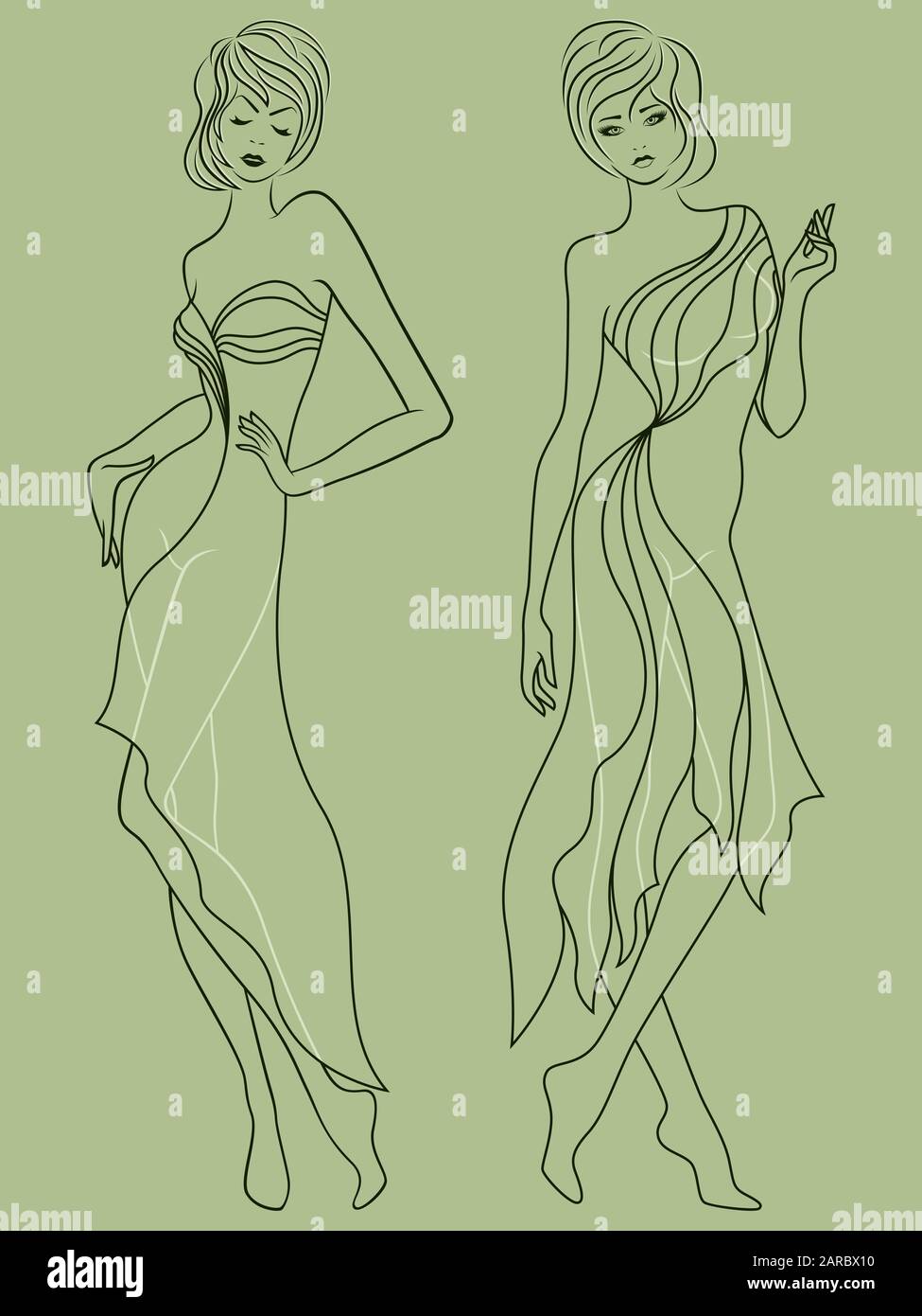 Astratto profilo di due eleganti ed eleganti Signore in abiti alla moda isolato sul silenziato sfondo verde Illustrazione Vettoriale