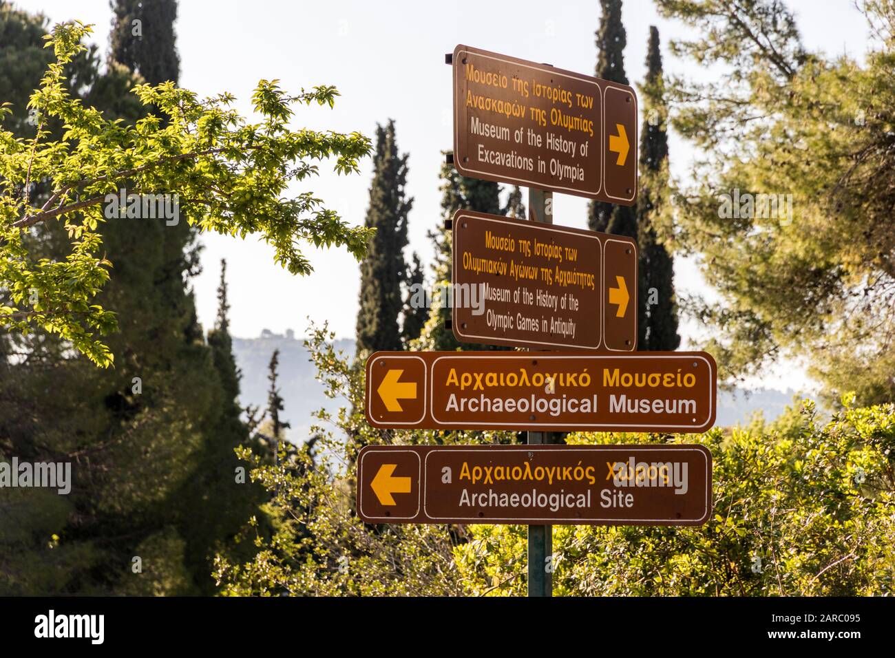 Archaia Olympia, Grecia. Indicazioni multiple segno di direzione per i luoghi diversi nel sito archeologico di Olympia Foto Stock