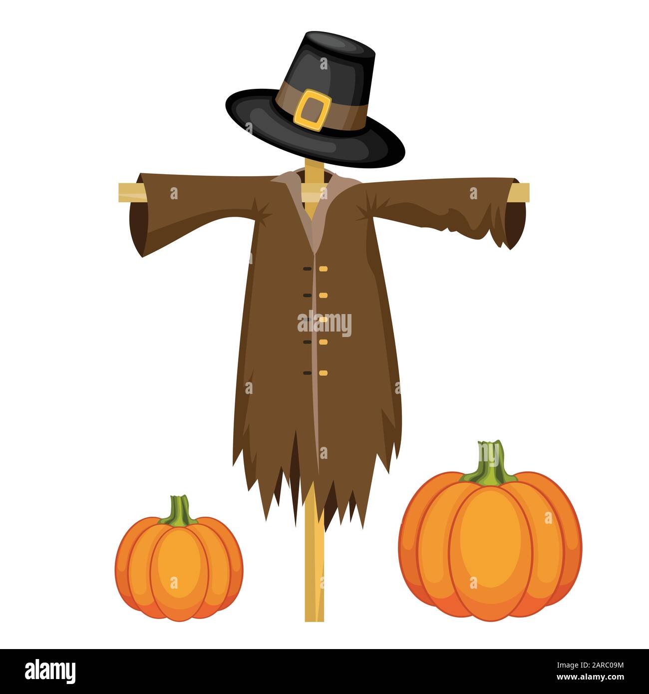 Scarecrow con berretto piligrim. Zucche intorno alla spaventapasseri. Illustrazione vettoriale per giorno di ringraziamento. Illustrazione Vettoriale