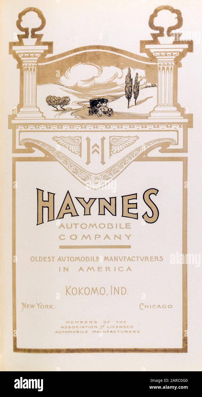Haynes Automobile Company, I Più Vecchi costruttori di automobili in America, pagina del titolo dal catalogo commerciale, illustrazione 1909 Foto Stock